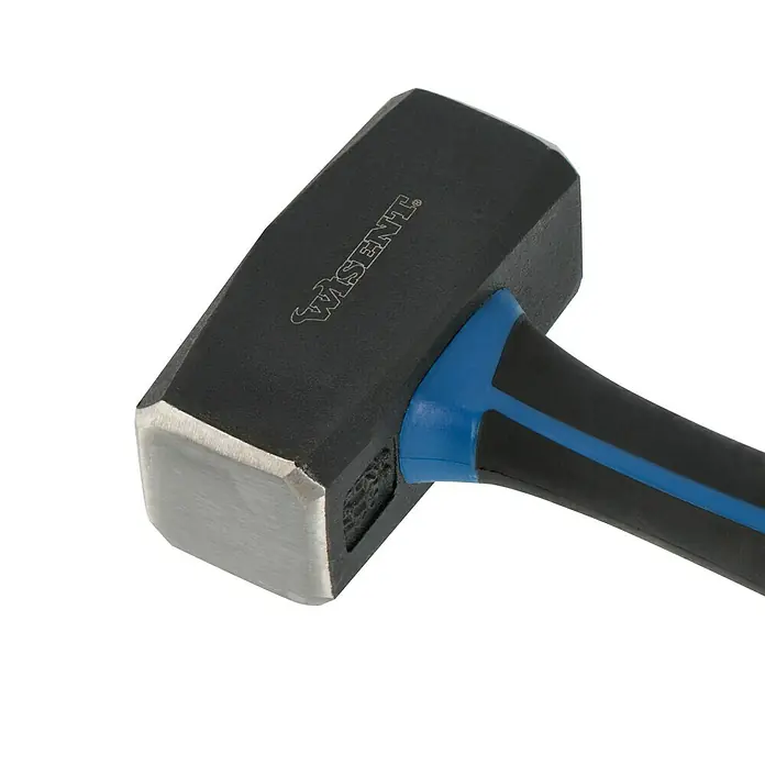 Herkules Juego de martillo y cinceles - 3 pzs., Acero - Primer plano de una maza negra con mango azul, que muestra una herramienta robusta y confiable.