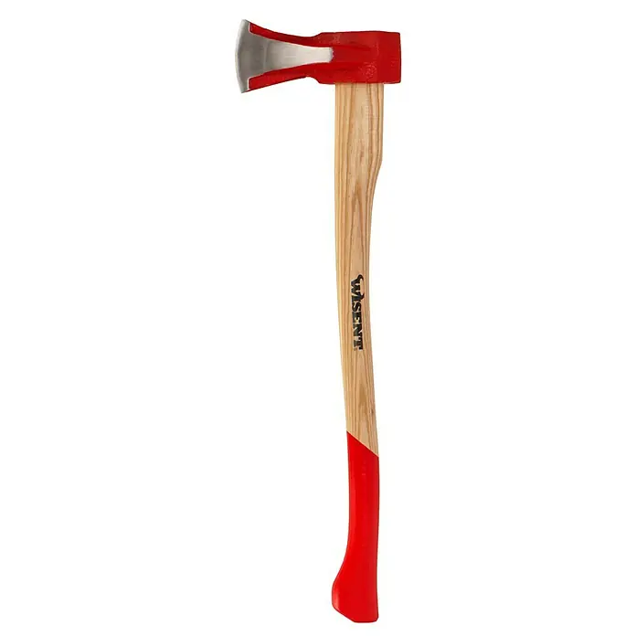 Wisent Spaltaxt - 2.000 g - Eine Axt mit rotem Kopf und Griffteil sowie einem hellen Holzstiel. Die Axt ist scharf und bereit für den Einsatz beim Holzspalten.