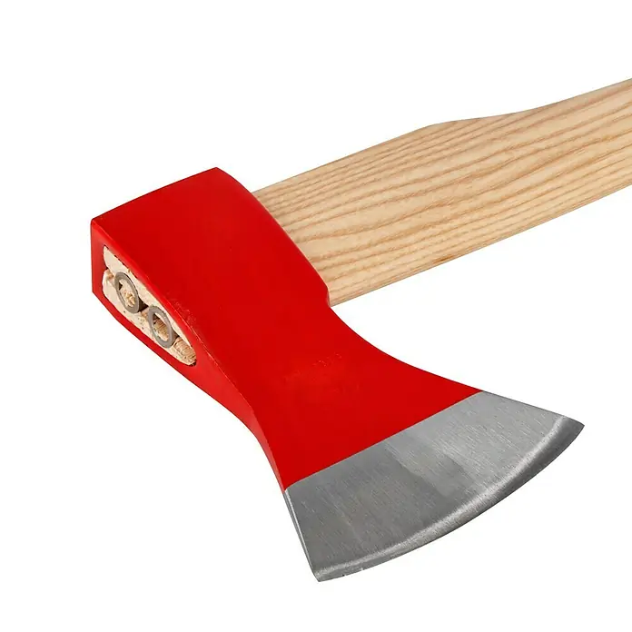 Wisent Holzaxt - 1.250 g - Nahaufnahme einer roten Axt mit Holzgriff und scharfer Klinge, die Stärke und Funktionalität vereint. Ideal für Holzarbeiten.