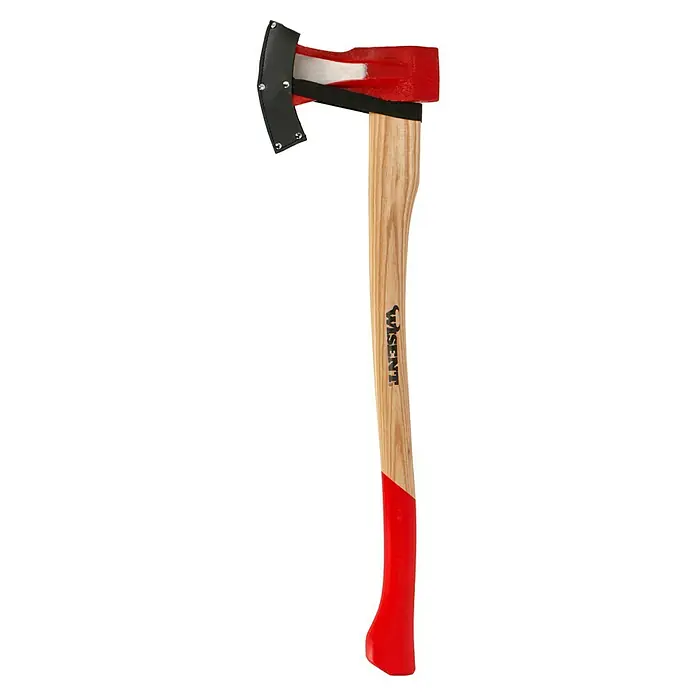 Wisent Spaltaxt - 2.000 g - Nahaufnahme einer roten Spaltaxt mit Holzgriff und schwarzer Scheide. Werkzeug zum Holzspalten und Hacken, robust und zuverlässig.