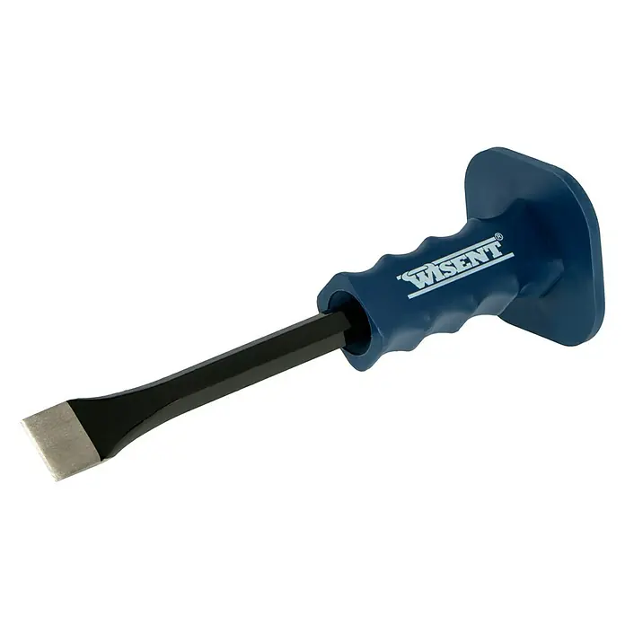 Herkules Juego de martillo y cinceles - 3 pzs., Acero - Primer plano de un cincel Wisent con mango azul y punta plana, ideal para trabajos de piedra y demolición.