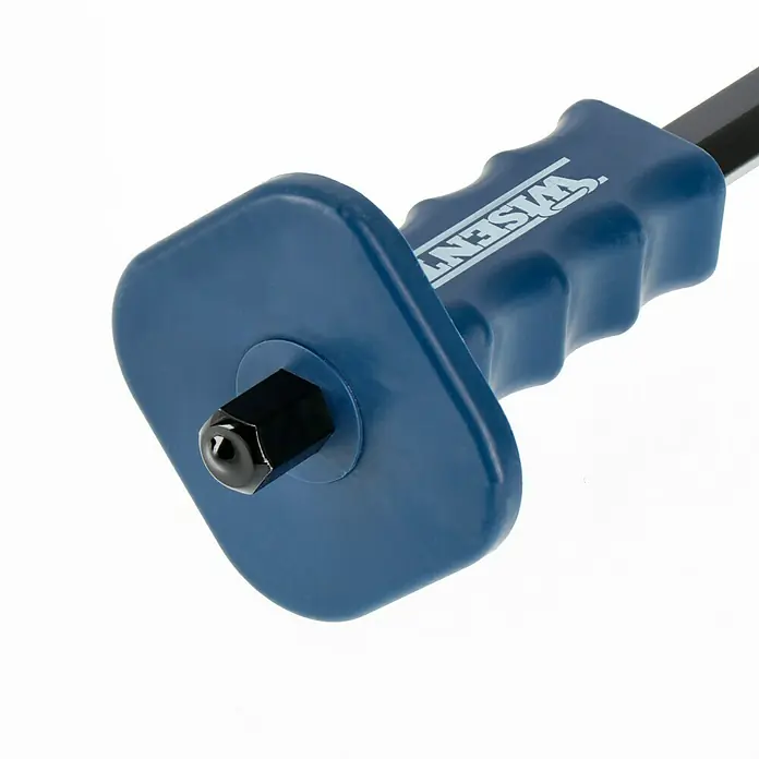 Herkules Juego de martillo y cinceles - 3 pzs., Acero - Primer plano de una herramienta de mano azul WISEINT apoyada sobre una superficie blanca, ideal para trabajos de precisión.