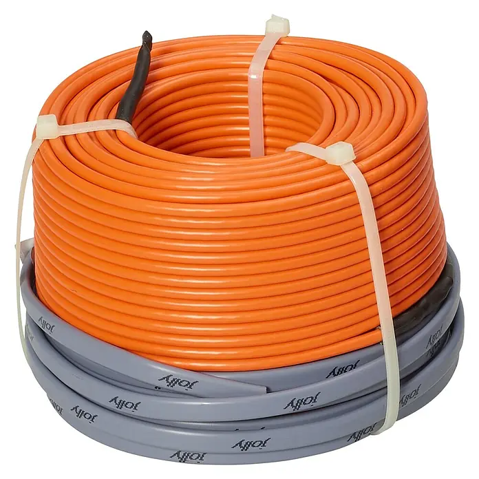 Admiral E-Power Fußbodenheizung Profi - 18,75 m, Beheizbare Fläche: 1,5 m², 225 W - Das Bild zeigt eine Rolle orangefarbenen Heizkabels und eine Rolle grauen Jolly-Rohres, die mit Kabelbindern fixiert sind.