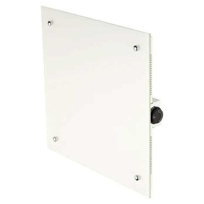 Admiral Infrarot-Glasheizkörper - 500 x 500 mm, 350 W, Weiß - Seitenansicht eines weißen Wandheizgeräts mit quadratischer Frontplatte und Temperaturregler, ideal für moderne Innenräume.