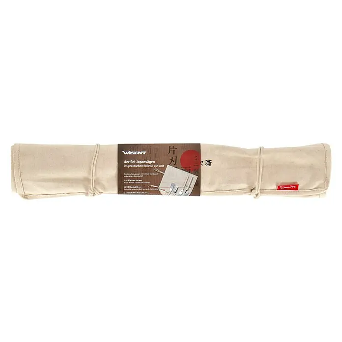 Wisent Japansägen-Set - 4 -tlg. - Das Bild zeigt ein 4er-Set Japansägen von Wisent, verpackt in einem praktischen Rolletui aus Jute. Ideal für präzise Schnitte.