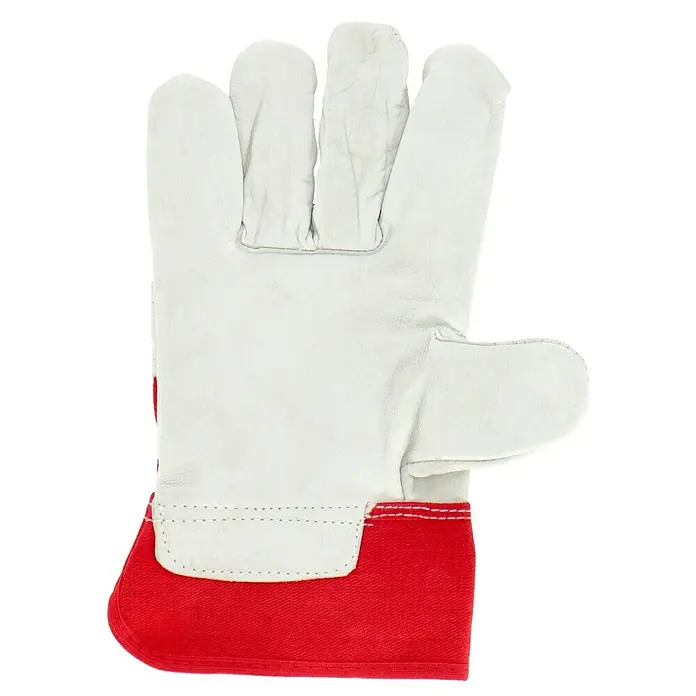 Wisent Arbeitshandschuhe Vechta - Handschuhgröße: 10, Natur/Rot - Nahaufnahme eines Arbeitshandschuhs aus weißem Leder mit rotem Stoffbündchen, ideal für den robusten Einsatz.