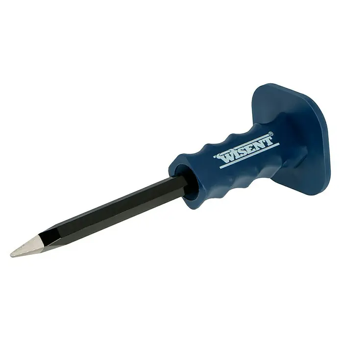 Herkules Juego de martillo y cinceles - 3 pzs., Acero - Primer plano de un cincel azul WISENT con protector de mano, que presenta un eje negro afilado diseñado para trabajos de precisión.