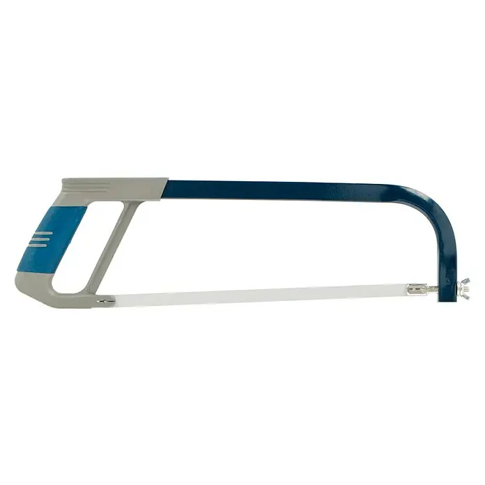 Wisent Profi Sierra para metal - Acero - Primer plano de una sierra de arco con mango azul y hoja plateada, mostrando una herramienta para carpintería y proyectos de bricolaje.