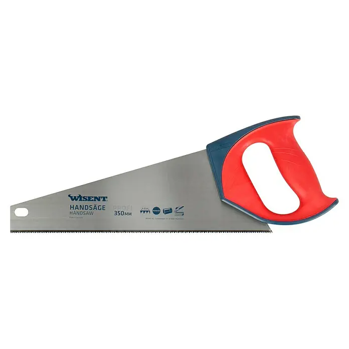 Wisent Profi Sierra de mano Multi-Toolbox - Acero - Primer plano de una sierra de mano Wisent Profi 350mm con mango rojo y hoja afilada, ideal para carpintería de precisión.