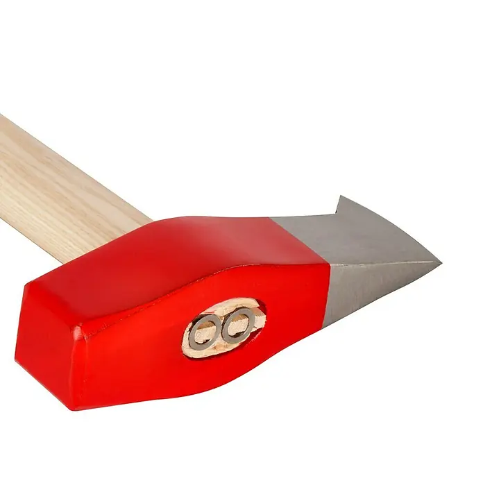 Wisent Spalthammer - 3.000 g, Material Stiel: Holz - Nahaufnahme eines Holzspalters mit rotem Kopf und Holzgriff, ideal zum Holzspalten.