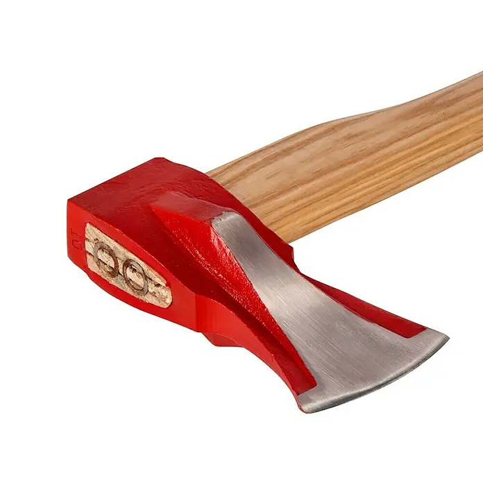 Wisent Spaltaxt - 2.000 g - Nahaufnahme einer Spaltaxt mit rotem Kopf und Holzgriff, die für Holzarbeiten und zum Spalten von Holz geeignet ist.
