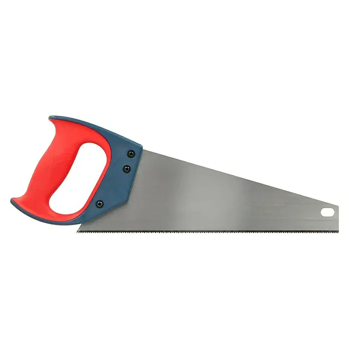 Wisent Profi Sierra de mano Multi-Toolbox - Acero - Primer plano de una sierra de mano con mango rojo, ideal para cortar madera y una herramienta indispensable para los amantes del bricolaje.