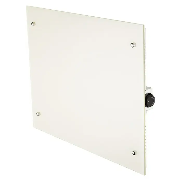 Admiral Infrarot-Glasheizkörper - 700 x 550 mm, 500 W, Weiß - Nahaufnahme einer weißen Infrarotheizung mit Temperaturregler, ideal für eine effiziente und angenehme Wärmeverteilung im Raum.