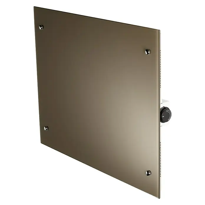 Admiral Infrarot-Glasheizkörper - 700 x 550 mm, 500 W, Beige, Grau - Das Bild zeigt einen quadratischen Heizkörper mit einer glatten, reflektierenden Oberfläche und einem Temperaturregler an der Seite.