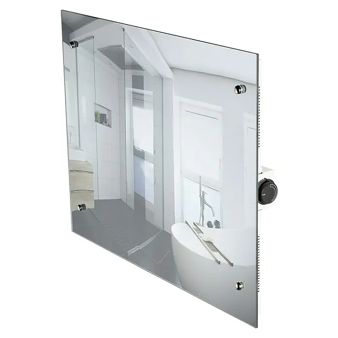Admiral Infrarot-Spiegelheizkörper - 700 x 550 mm, 500 W - Das Bild zeigt einen modernen beheizbaren Spiegel für das Badezimmer, der an der Wand montiert ist und eine Badezimmerszene reflektiert.