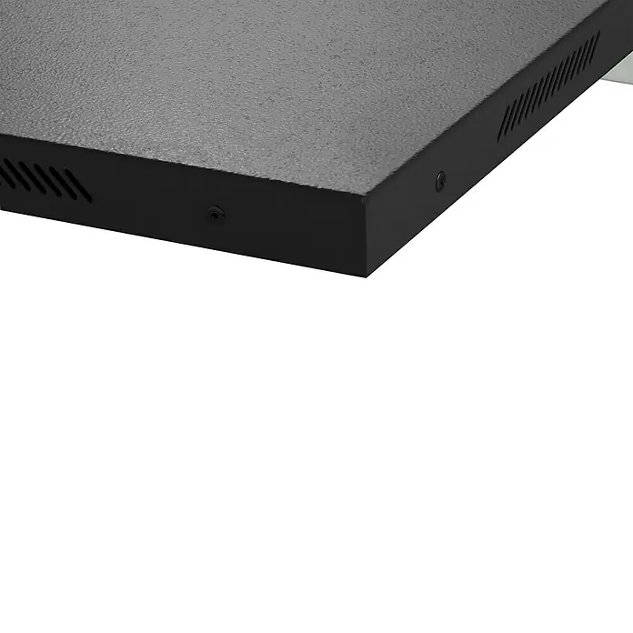 Admiral Infrarot-Metallheizkörper - 600 x 600 mm, 365 W, Anthrazit - Nahaufnahme eines schwarzen Geräts mit Lüftungsschlitzen, ideal für IT-Enthusiasten und Technikbegeisterte.