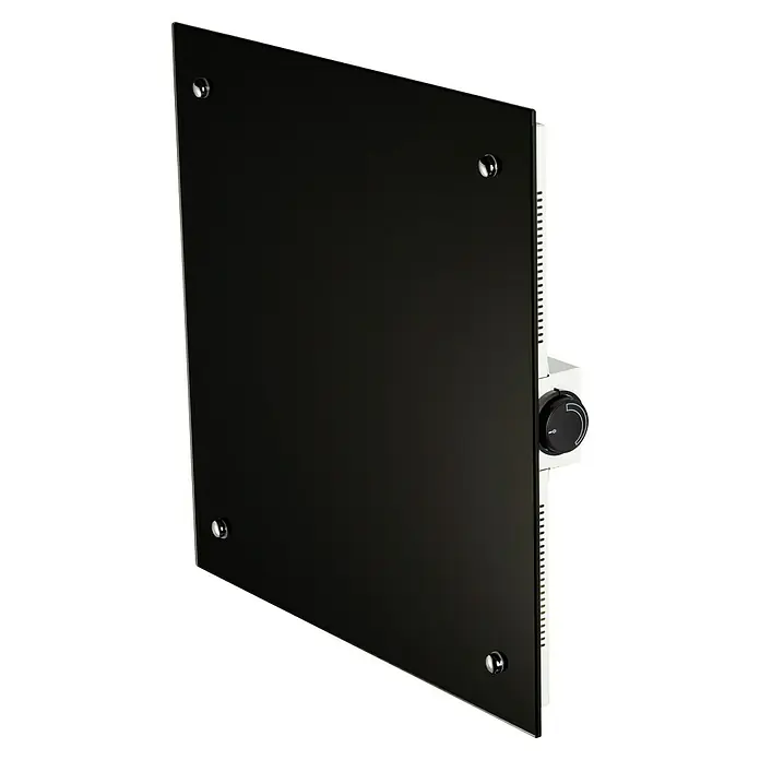 Admiral Infrarot-Glasheizkörper - 500 x 500 mm, 350 W, Schwarz - Nahaufnahme einer eleganten, schwarzen Infrarotheizung mit Temperaturregler, ideal für moderne Wohnräume.
