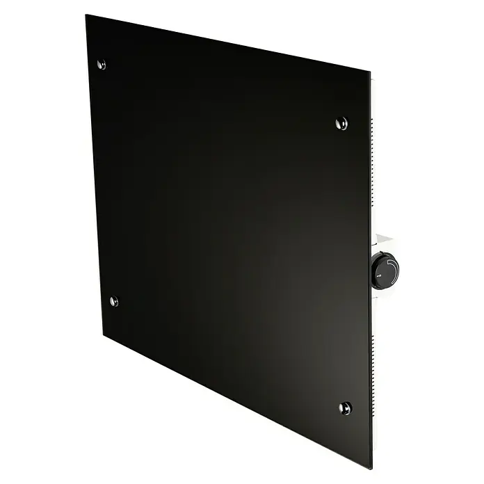 Admiral Infrarot-Glasheizkörper - 700 x 550 mm, 500 W, Schwarz - Das Bild zeigt einen schwarzen Infrarotheizkörper mit silbernen Akzenten und einem Drehknopf zur Steuerung der Heizstufe.