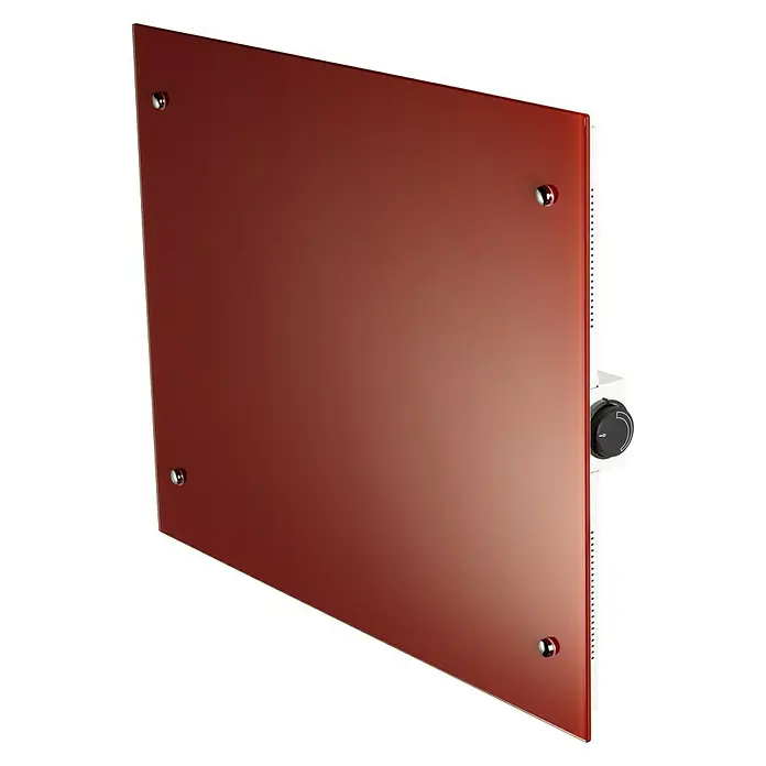 Admiral Infrarot-Glasheizkörper - 700 x 550 mm, 500 W, Rot - Nahaufnahme eines stilvollen, terracottafarbenen Glasheizkörpers mit eleganten Befestigungen und einem seitlichen Drehregler für die Temperatur.
