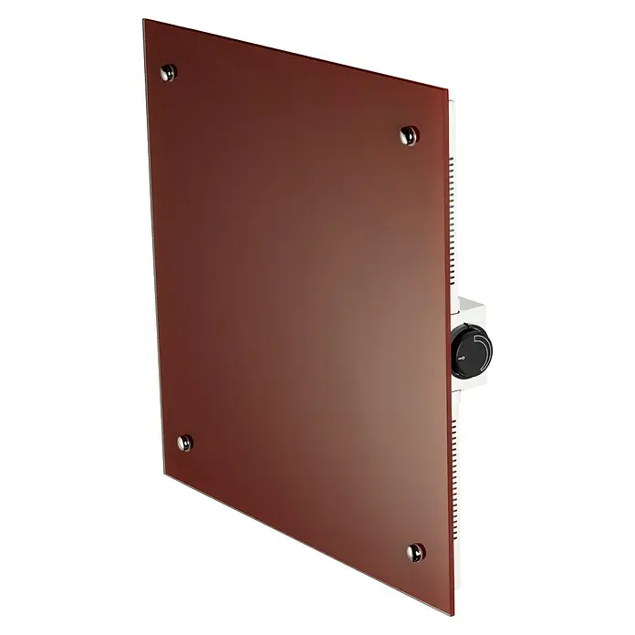 Admiral Infrarot-Glasheizkörper - 500 x 500 mm, 350 W, Rot - Nahaufnahme einer braunen Glas-Heizplatte mit Thermostat und silbernen Befestigungsbolzen vor schwarzem Hintergrund.