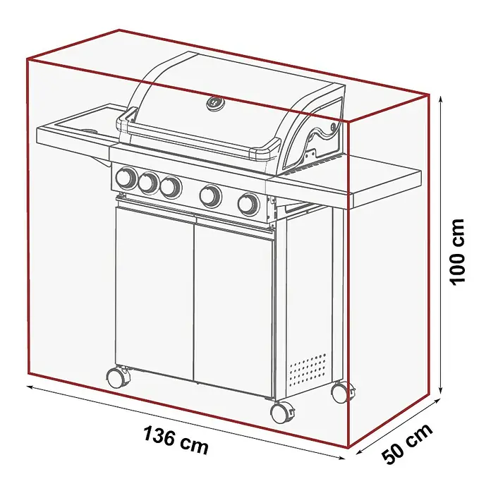 Grillstar Grill-Schutzhülle Atlanta 450 - Kunststoff, Passend für: Grillstar Gasgrill Atlanta 450 - Darstellung eines Grills mit Abmessungen. Die Schutzhülle ist 136 cm breit, 50 cm tief und 100 cm hoch.