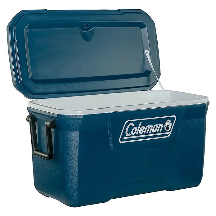 Coleman Nevera de camping 70QT Xtreme™ - L x An x Al: 79 x 41 x 44 cm, Volumen: 66 l, Azul - Nevera portátil Coleman azul abierta con interior blanco y asa para picnics, camping y actividades al aire libre.