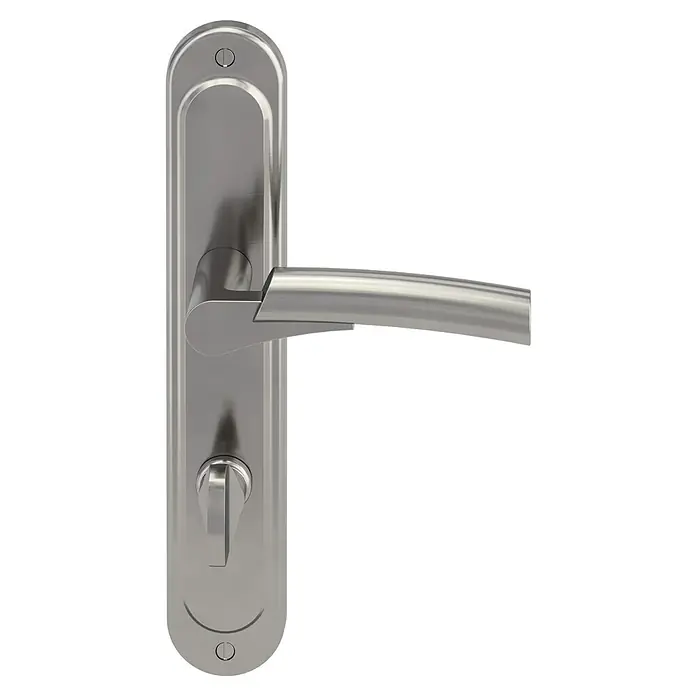 Diamond Doors WC-Drückergarnitur Venus - Sonstiges, Stärke Tür: 40 mm - 45 mm - Ein silberner Türgriff mit länglicher Rosette ist auf einem schwarzen Hintergrund zu sehen. Der Griff hat eine moderne, ergonomische Form.