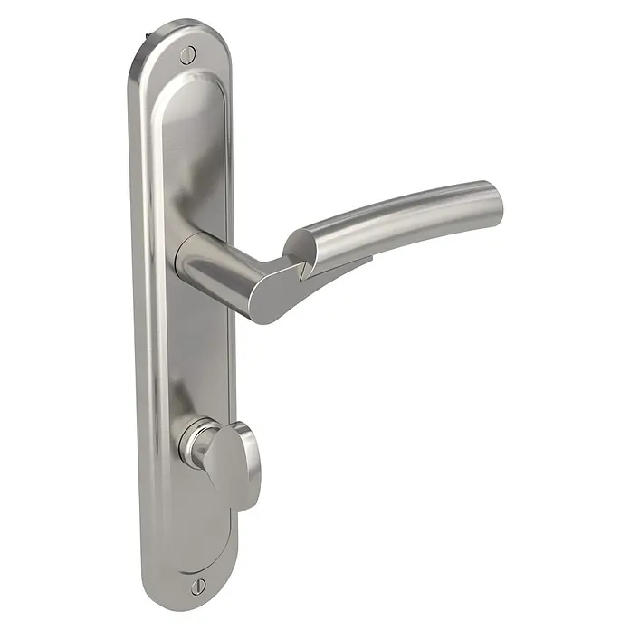 Diamond Doors WC-Drückergarnitur Venus - Sonstiges, Stärke Tür: 40 mm - 45 mm - Nahaufnahme einer modernen Türgriffgarnitur aus gebürstetem Edelstahl auf schwarzem Hintergrund. Elegantes und funktionales Design.