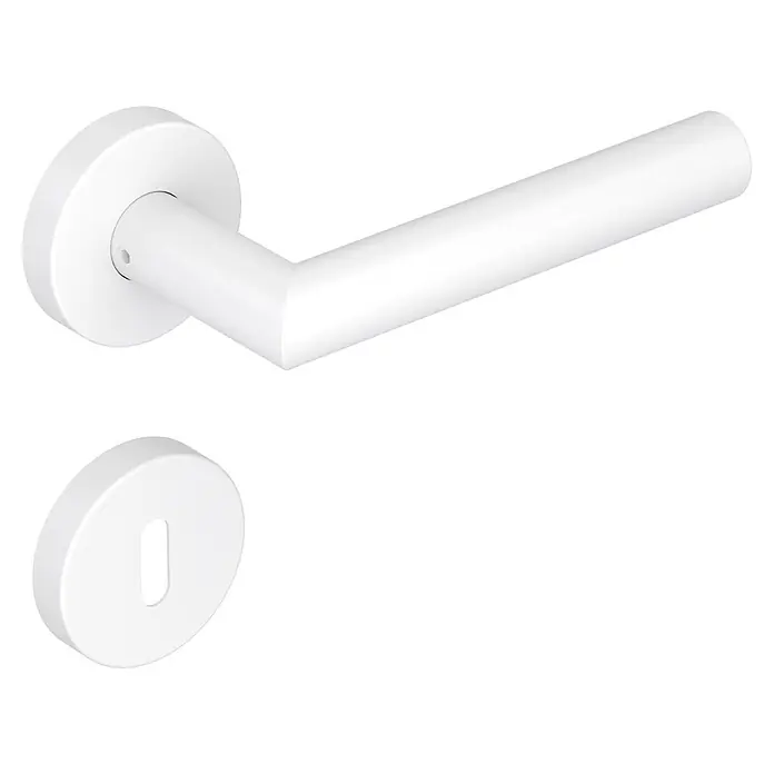 Diamond Doors Modern Zimmertürgarnitur L-Form - Stärke Tür: 40 mm - 45 mm, Buntbart, L-Form, Weiß - Ein weißer Türgriff mit Rosette und Schlüssellochblende. Das elegante Design ist ideal für moderne Innenräume und bietet eine stilvolle Note.