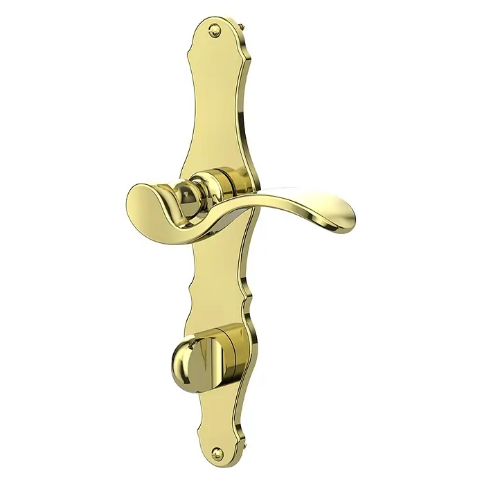 Diamond Doors Classic Zimmertürgarnitur WC Nevada - Sonstiges, Stärke Tür: 38 mm - 45 mm, Schlitzkopf/Olive - Detailaufnahme einer eleganten, goldenen Türklinke mit aufwendigem Design auf schwarzem Hintergrund.