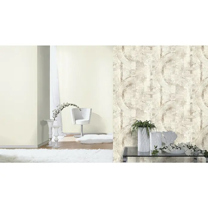 Rasch Composition Vliestapete Moderne Geometrie - Weiß, Grafisch, 10,05 x 0,53 m - Luxuriöse Inneneinrichtung mit einer modernen Tapete mit Kreismuster, stilvollen Möbeln und floralen Akzenten für ein elegantes Ambiente.