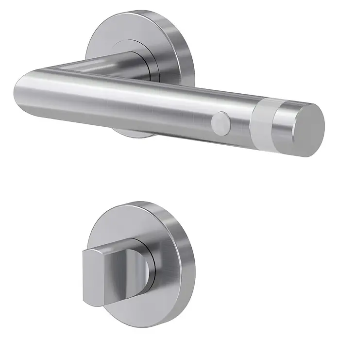 Diamond Doors Modern LED-Zimmertürgarnitur L-Form WC - Schlitzkopf/Olive, Matt, Links/Rechts - Silberfarbener Türdrücker mit Drehverschluss auf schwarzem Hintergrund.