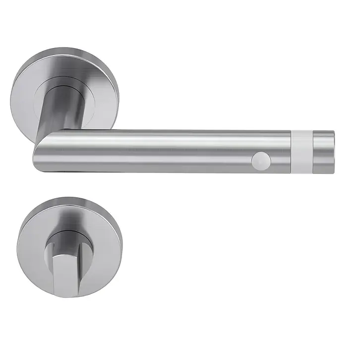 Diamond Doors Modern LED-Zimmertürgarnitur L-Form WC - Schlitzkopf/Olive, Matt, Links/Rechts - Türgriff-Set aus Edelstahl mit rundem Rosettendesign und geradem Hebel für moderne Inneneinrichtungen und sichere Türbedienung.