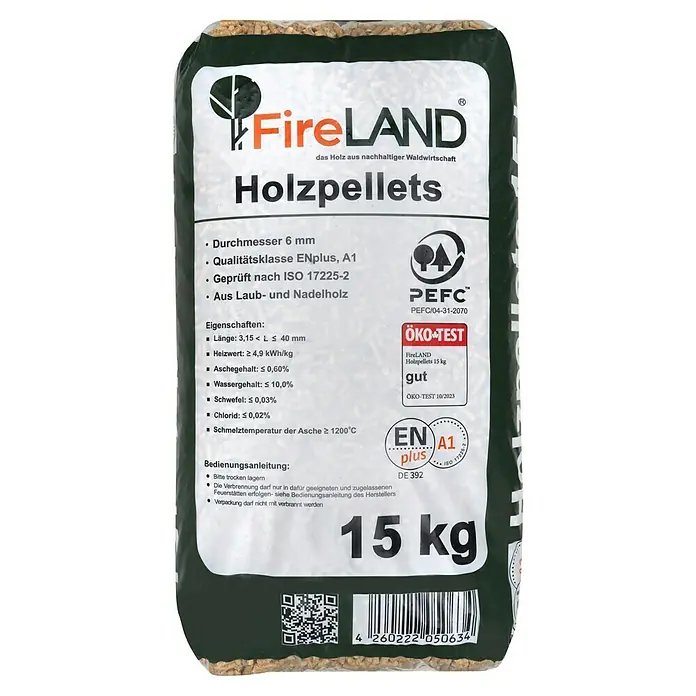 Fireland Holzpellets - 15 kg - Abbildung eines Sackes FireLAND Holzpellets, ideal zum Heizen, mit Qualitätszeichen und Hinweisen zur Verbrennung für umweltbewusste Verbraucher.