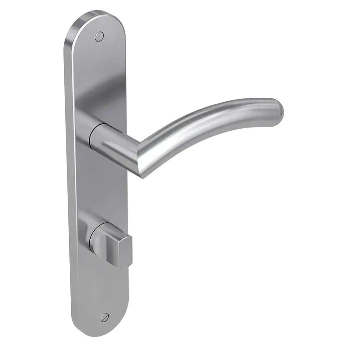 Diamond Doors Modern Zimmertürgarnitur WC Virginia - Edelstahl, Stärke Tür: 38 mm - 45 mm, Schlitzkopf/Olive - Ein silberner Türgriff mit Schlossmechanismus ist auf einem schwarzen Hintergrund isoliert. Ideal für moderne Inneneinrichtungen.