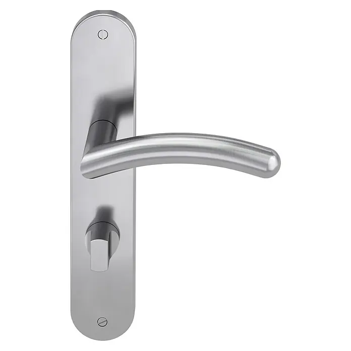 Diamond Doors Modern Zimmertürgarnitur WC Virginia - Edelstahl, Stärke Tür: 38 mm - 45 mm, Schlitzkopf/Olive - Türgriff aus Edelstahl mit abgerundeter Platte und Schrauben zur Befestigung für moderne Türen.