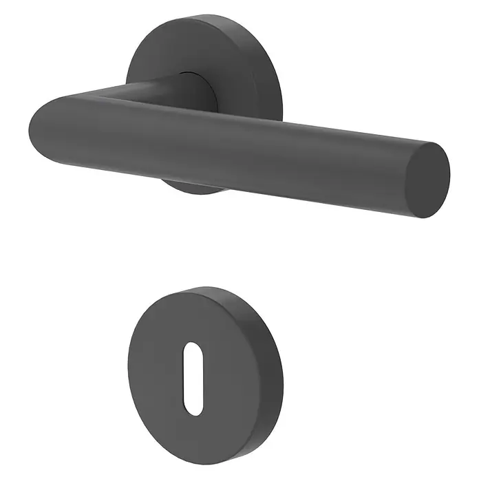 Diamond Doors Modern Zimmertürgarnitur L-Form - Stärke Tür: 40 mm - 45 mm, Buntbart, L-Form, Anthrazit - Nahaufnahme eines Türgriffs mit Schlüsselloch in dunklem Grau, das moderne Design betont. Ideal für stilvolle Inneneinrichtungen.