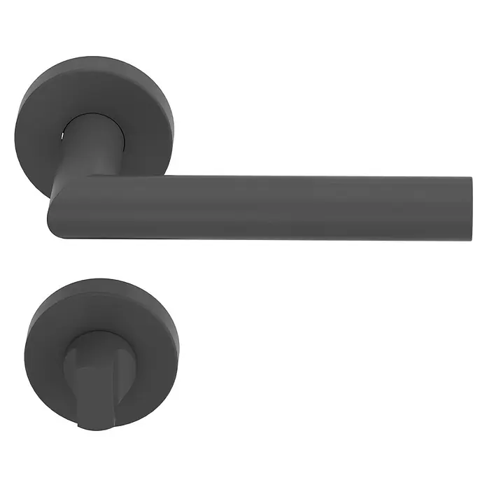 Diamond Doors Modern Zimmertürgarnitur WC L-Form - Stärke Tür: 40 mm - 45 mm, Schlitzkopf/Olive, Edelstahl, L-Form, Anthrazit - Eine elegante, matte, anthrazitfarbene Türgarnitur mit einem schlanken, zylindrischen Griff und einer runden Rosette.