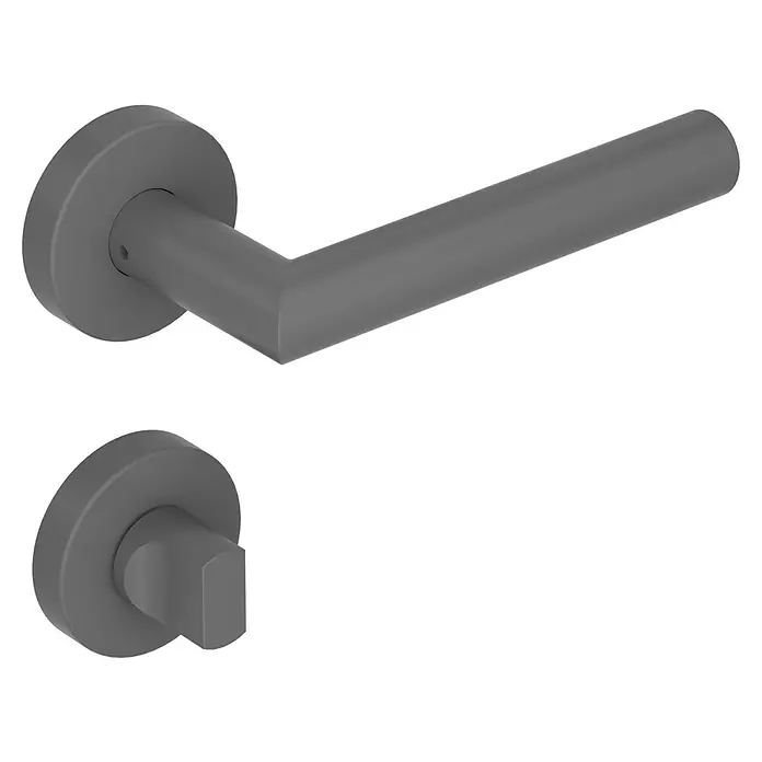 Diamond Doors Modern Zimmertürgarnitur WC L-Form - Stärke Tür: 40 mm - 45 mm, Schlitzkopf/Olive, Edelstahl, L-Form, Anthrazit - Grauer Türgriff und Schloss-Set mit schlichtem, modernem Design auf schwarzem Hintergrund, ideal für moderne Innenräume.