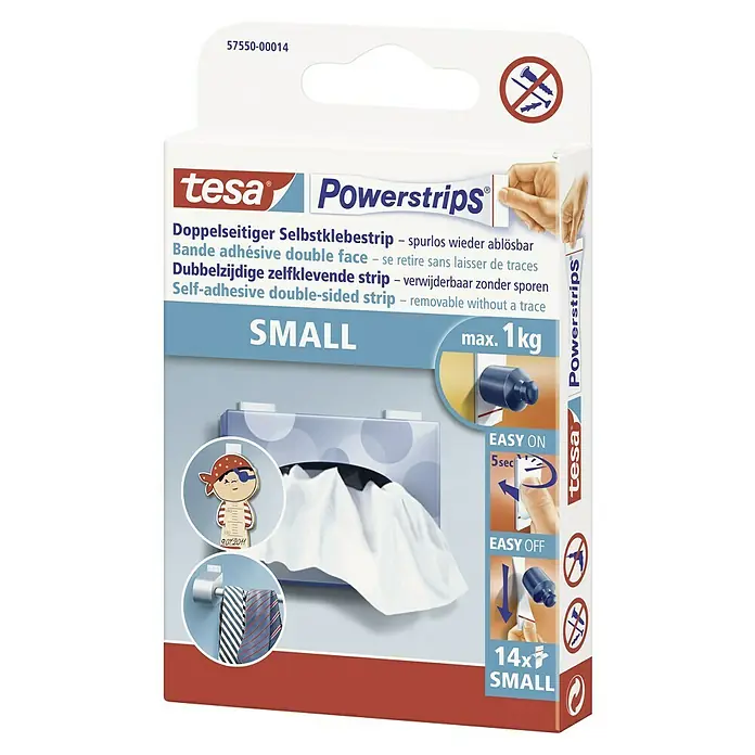 Tesa Powerstrips Selbstklebestrip Small - 14 Stk. - Packung Tesa Powerstrips SMALL: Doppelseitige, selbstklebende Streifen, spurlos ablösbar, ideal zum Befestigen von Objekten bis zu 1 kg Gewicht.