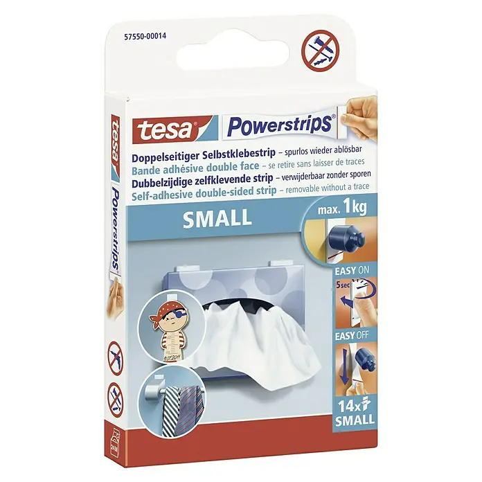 Tesa Powerstrips Selbstklebestrip Small - 14 Stk. - Tesa Powerstrips Small: Doppelseitige, selbstklebende Streifen zur einfachen Befestigung von Gegenständen bis zu 1 kg, ohne Spuren zu hinterlassen.