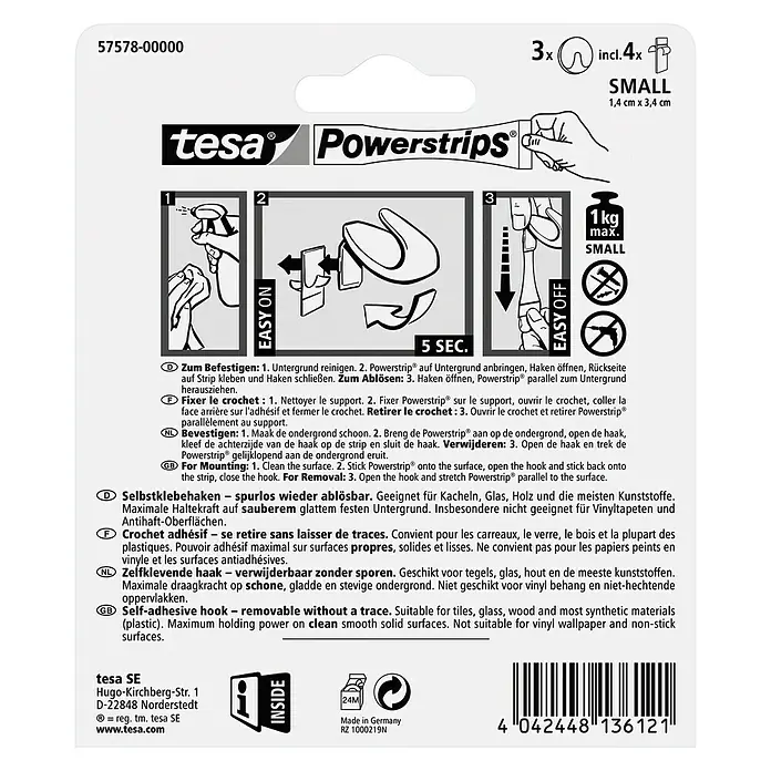 Tesa Powerstrips Selbstklebehaken - Rund, Größe: S, Chrom matt, 3 Stk. - Tesa Powerstrips Klebehaken: Wiederablösbare, selbstklebende Haken für glatte Flächen. Maximale Haltekraft, einfache Anwendung.