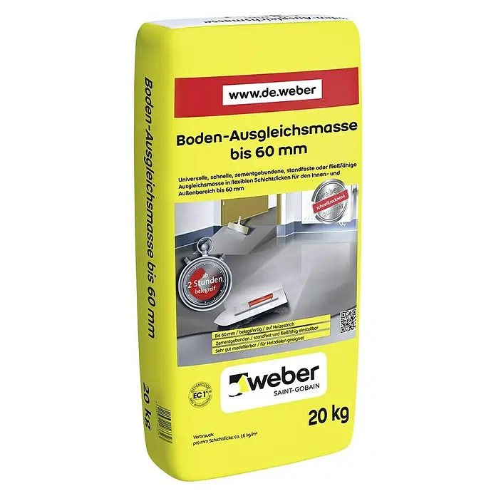 SG Weber Ausgleichsmasse - 20 kg, Schichtdicke: 1 mm - 60 mm - Sack Weber Boden-Ausgleichsmasse bis 60 mm, eine schnelltrocknende Ausgleichsmasse für Innen- und Außenbereiche mit flexiblen Schichtdicken.