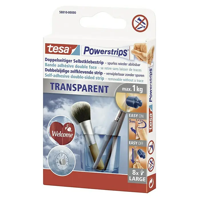 Tesa Powerstrips Selbstklebestrip Transparent Large - 8 Stk. - Tesa Powerstrips Transparent: Selbstklebende, doppelseitige Streifen zum Aufhängen von Objekten bis zu 1 kg, spurlos ablösbar und wiederverwendbar.