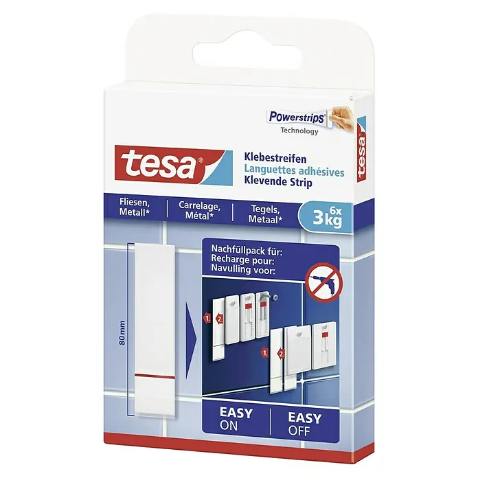 Tesa Klebestreifen - Geeignet für: Fliesen, Belastbarkeit: 3 kg, 9 Stk., Weiß - Packung Tesa Powerstrips Technology Klebestreifen für Fliesen und Metall mit einfachem Anbringen und Entfernen bis zu 3kg.