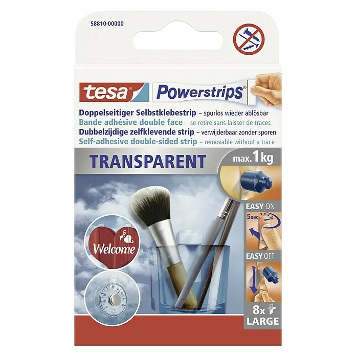 Tesa Powerstrips Selbstklebestrip Transparent Large - 8 Stk. - Tesa Powerstrips Transparent: Doppelseitige, spurlos ablösbare Klebestreifen für bis zu 1 kg Last. Ideal zum Aufhängen ohne Bohren.