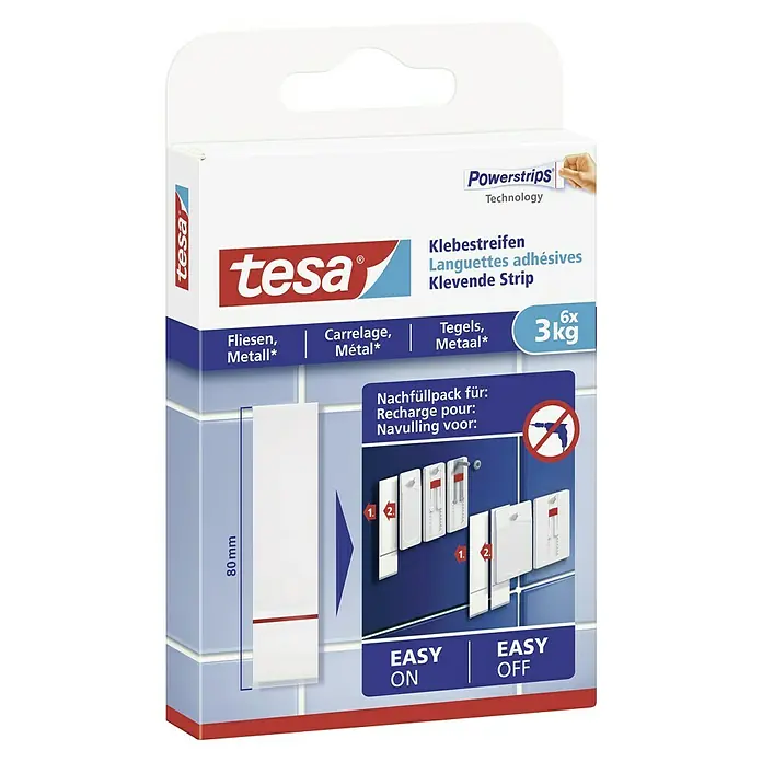 Tesa Klebestreifen - Geeignet für: Fliesen, Belastbarkeit: 3 kg, 9 Stk., Weiß - Das Bild zeigt eine Packung Tesa Powerstrips Technology Klebestreifen für Fliesen und Metall mit einer Tragkraft von bis zu 3kg.