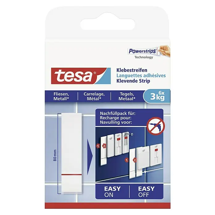 Tesa Klebestreifen - Geeignet für: Fliesen, Belastbarkeit: 3 kg, 9 Stk., Weiß - Abbildung der Tesa Powerstrips Technology Nachfüllpackung, geeignet für Fliesen, Metall und Carrelage. Bis zu 3kg Tragkraft, einfache Anbringung.