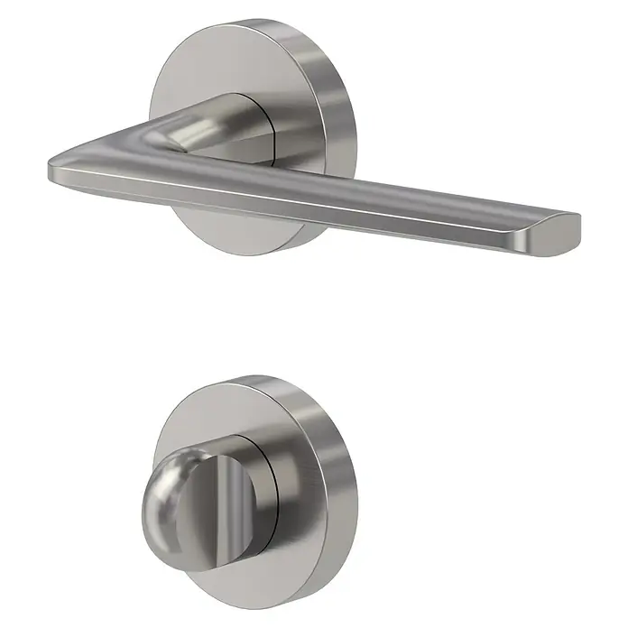 Diamond Doors Creative Drückergarnitur WC Roswell - Stärke Tür: 38 mm - 45 mm, Sonstiges, Samtgrau, Schlitzkopf/Olive - Nahaufnahme eines modernen Türgriffs mit Rosette und Drehknopf in gebürstetem Edelstahl auf schwarzem Hintergrund.