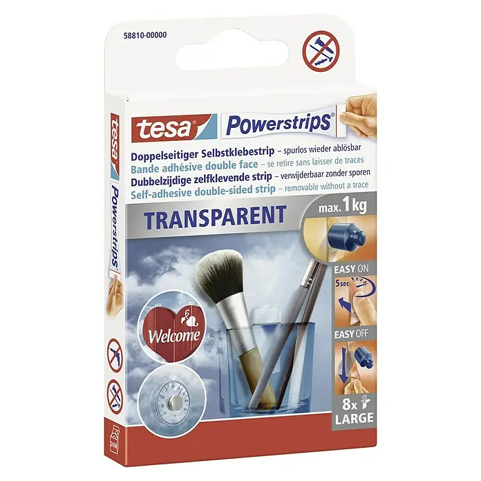 Tesa Powerstrips Selbstklebestrip Transparent Large - 8 Stk. - Abbildung der Verpackung von Tesa Powerstrips Transparent, doppelseitige, wiederablösbare Klebestreifen für bis zu 1 kg schwere Gegenstände.